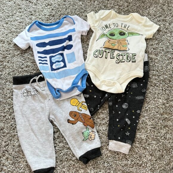 Star Wars 4 Item Baby Bundle Yoda R2D2 Baby Yoda Grogu Size 0-3 & 3-6 Month - Picture 1 of 7